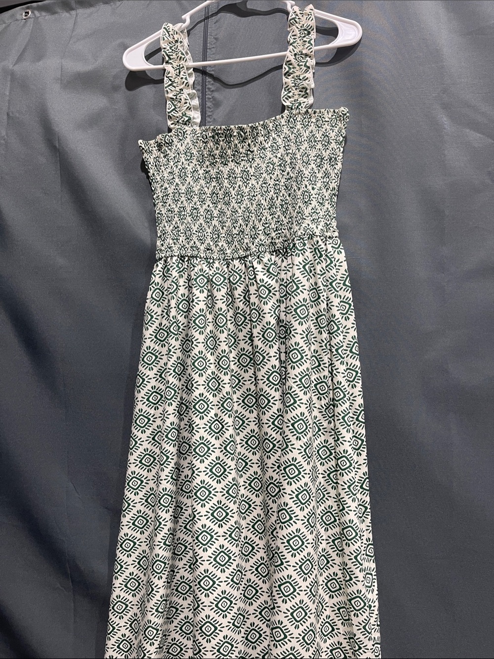 Green & White Smocked Maxi Dress with Ruffled Straps